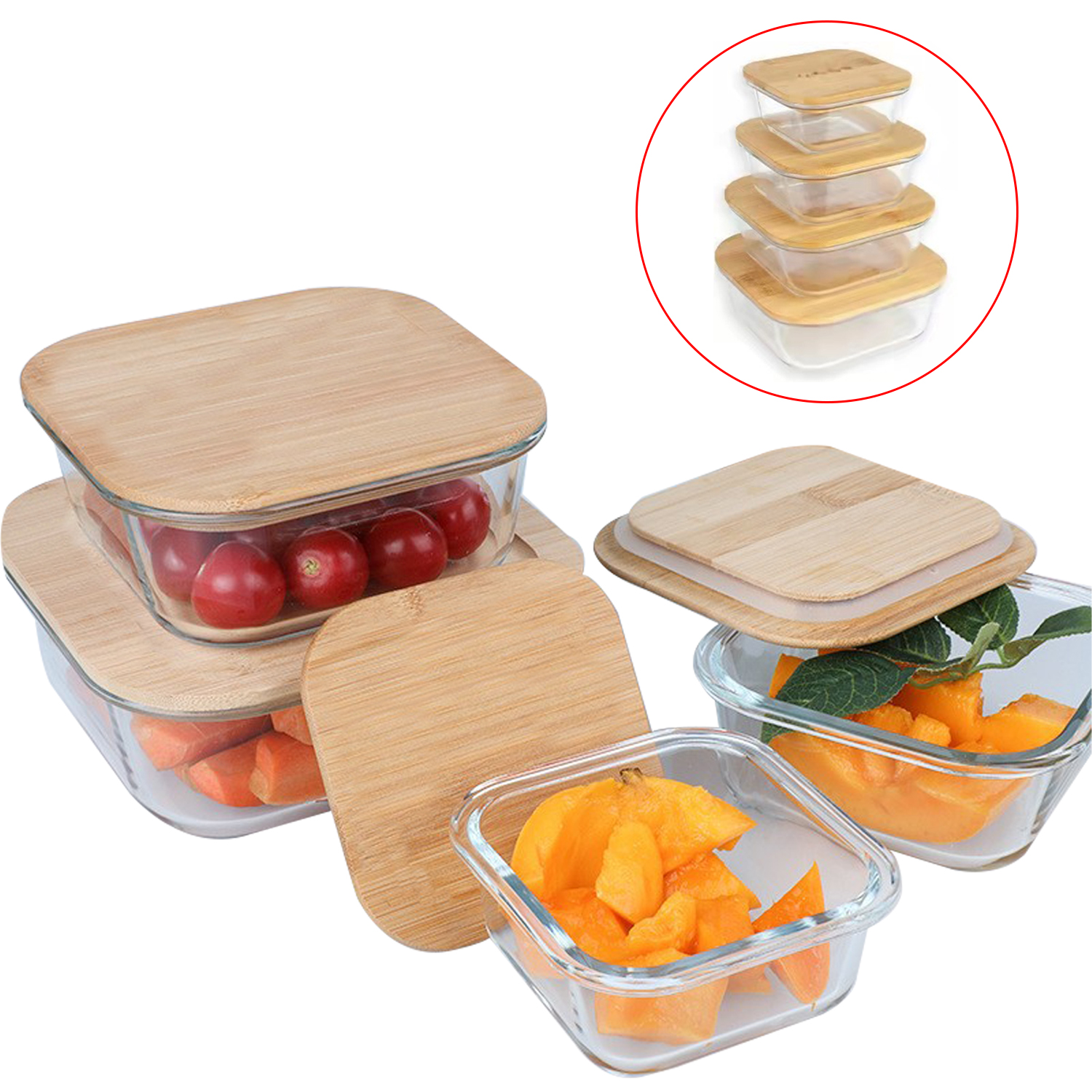Square Glass Food Container Bamboo Lid 320ml 520ml 800ml 1100ml Eco