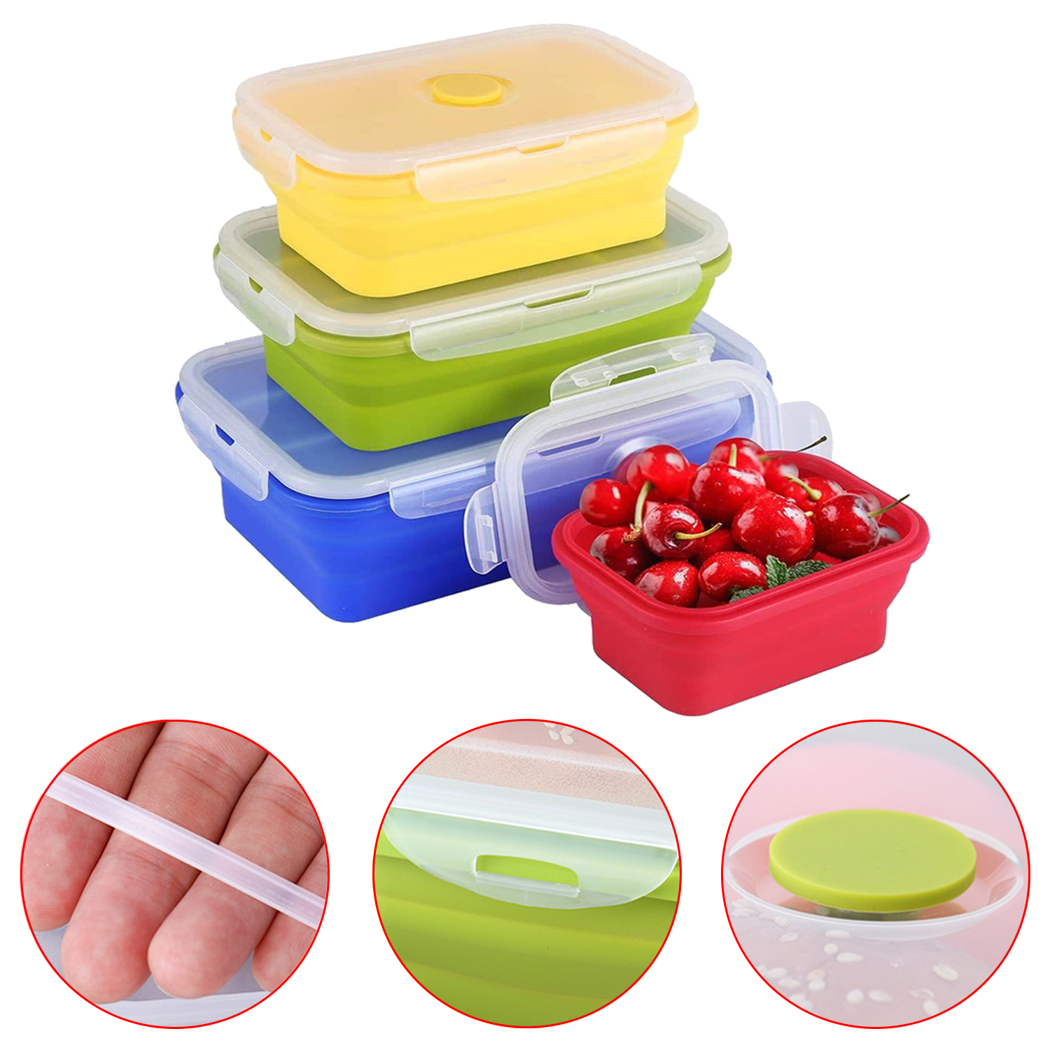 Silicone Folding Lunch Box with Lid 350ML/500ML/800ML/1200ML 4-piece