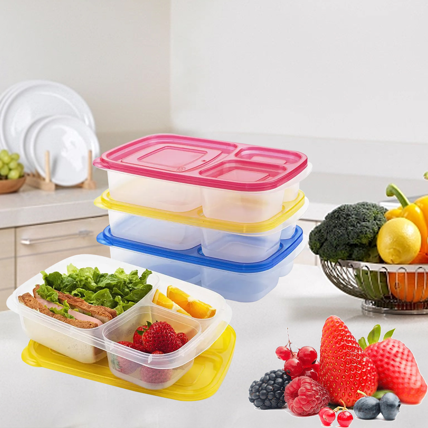 Multi Color Plastic Three Compartment Lunch Box Food Lunch Box ...