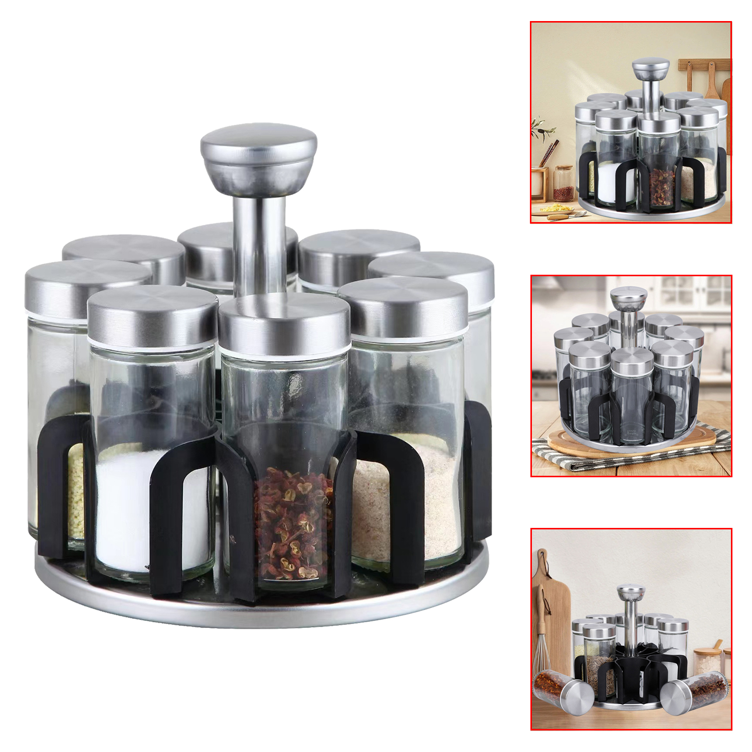 Spice Jar Set Rack Glass Organizer Rotating Glass Seasoning Sugar ...