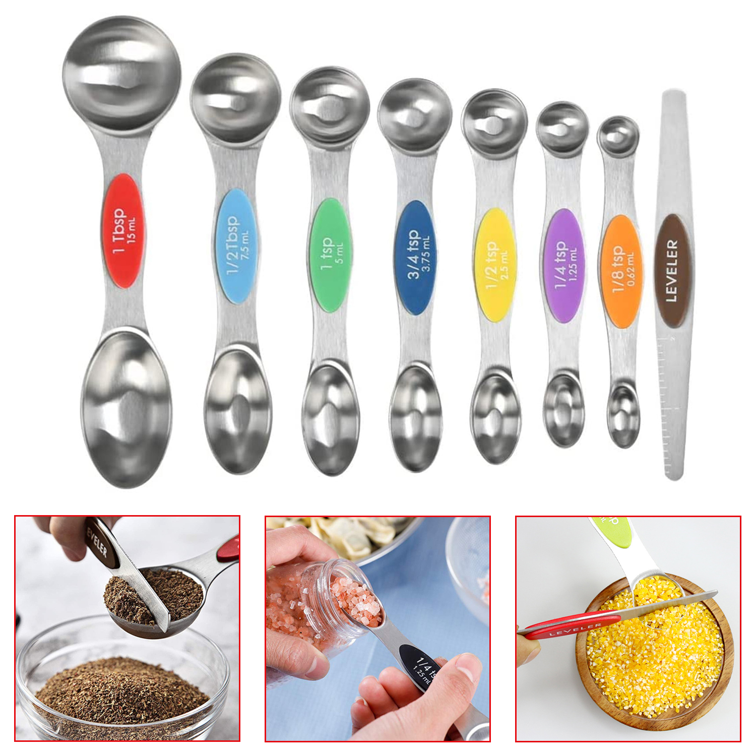 Stainless Steel Double Headed Measuring Spoon Leveler Set For Baking With Multicolor