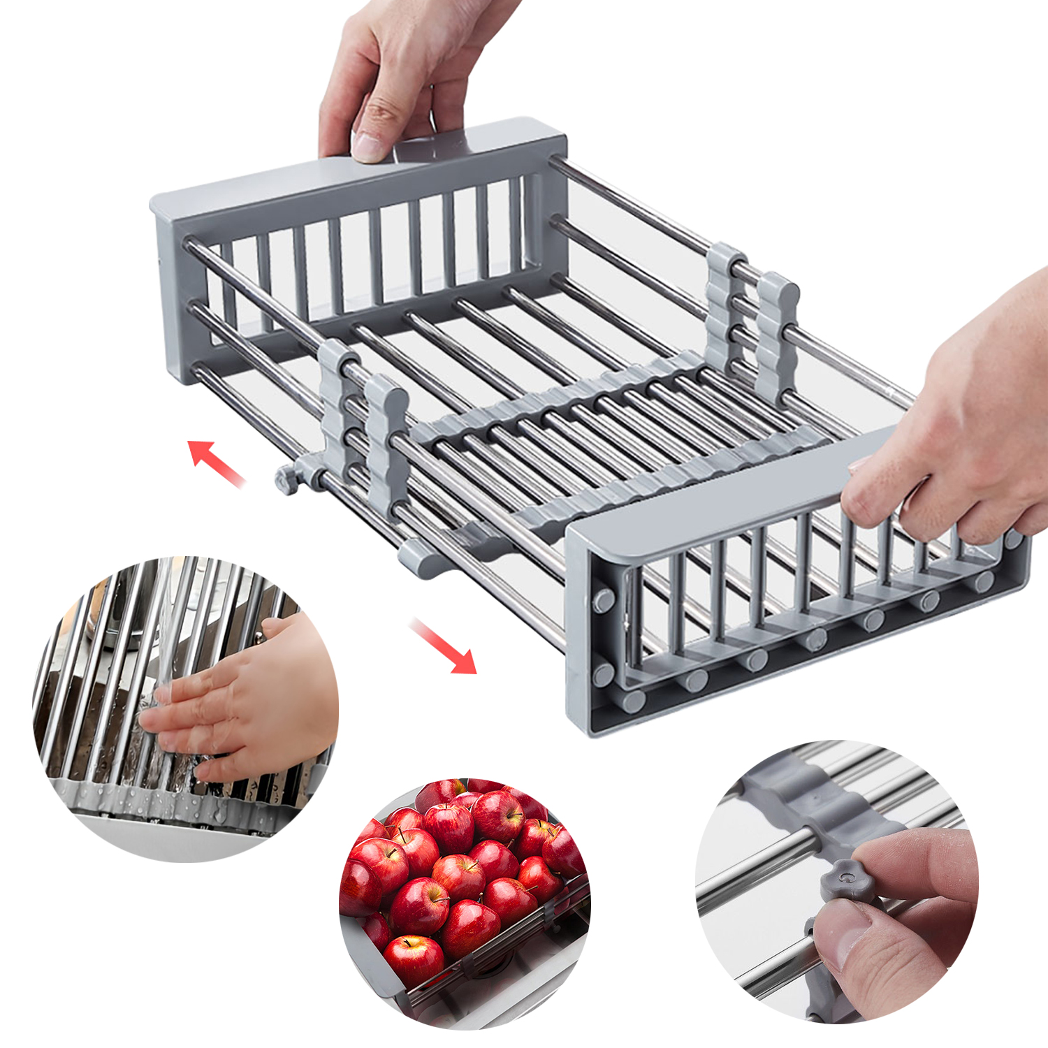 Telescopic Drain Basket with Adjustable Armrest Kitchen Rack Drain