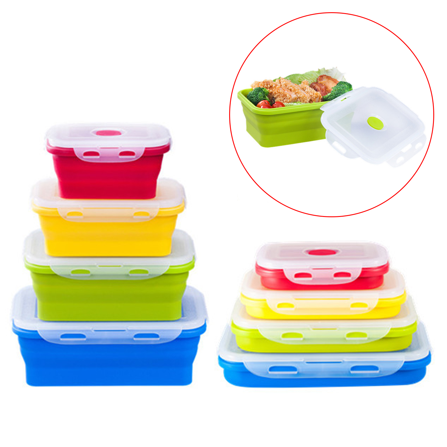 Silicone Folding Lunch Box with Lid 350ML/500ML/800ML/1200ML 4-piece