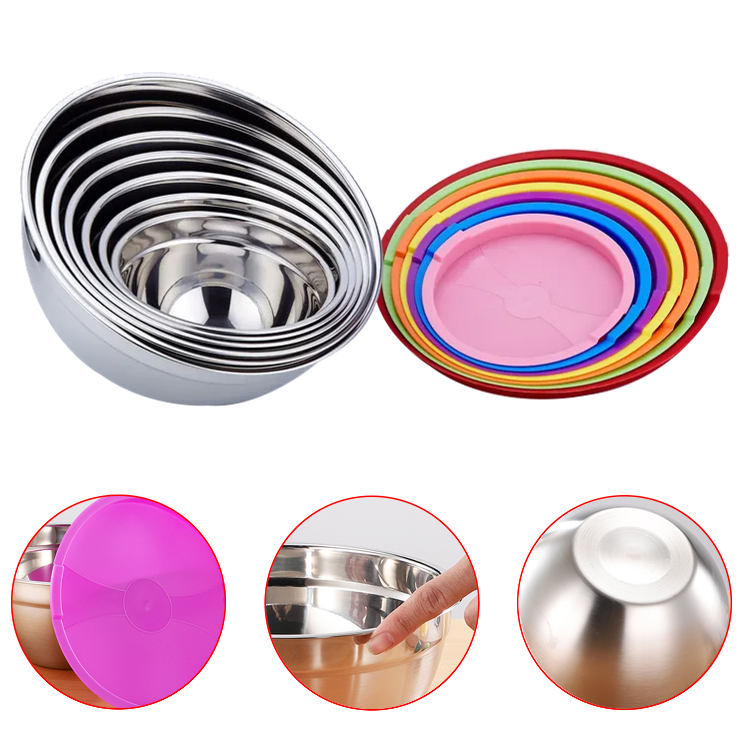 Colorful Stainless Steel Salad Bowl With Lid Kitchen Egg Mixing Bowls 7