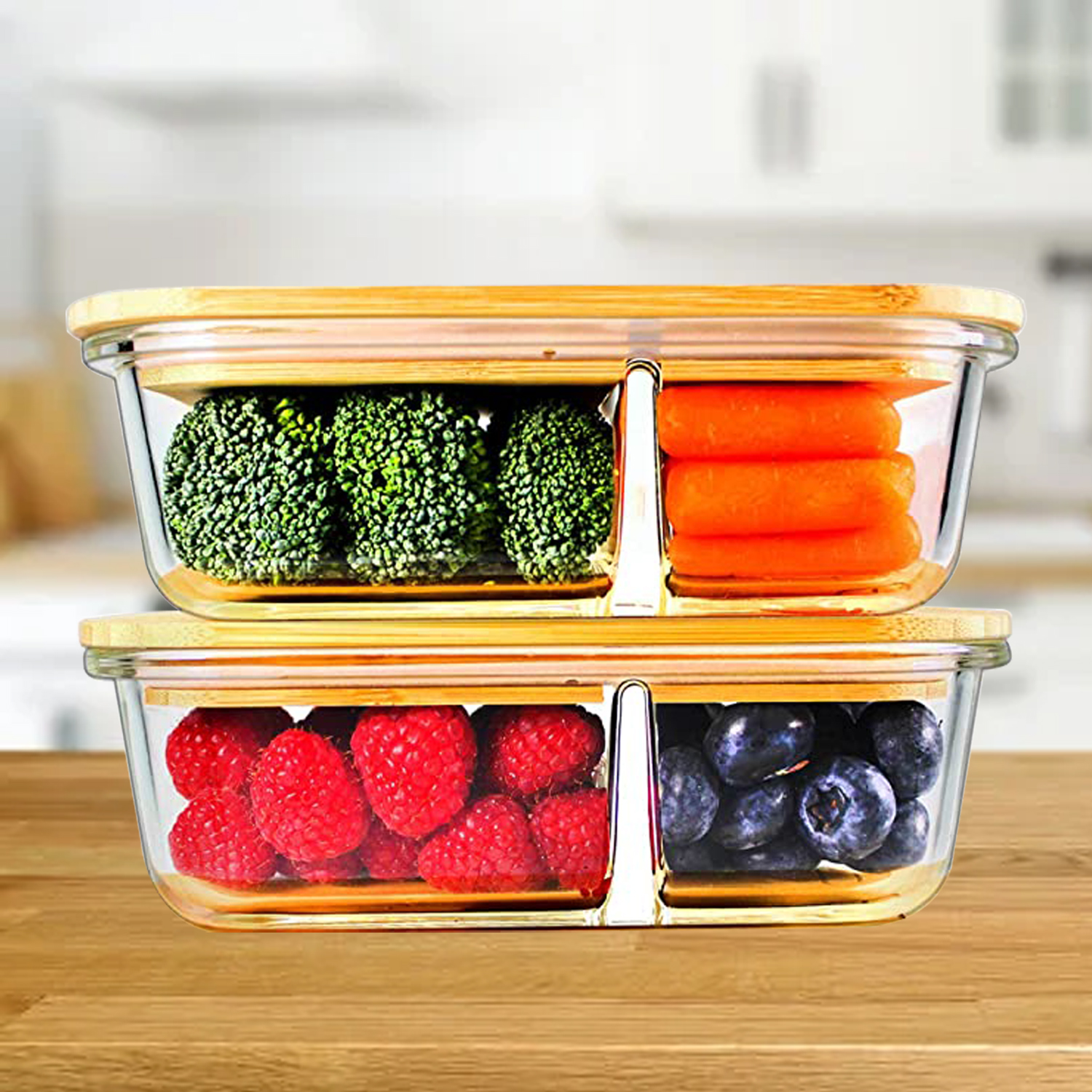 Glass Lunch Box Bamboo Wood Cover Fresh Bowl Storage Box Portable