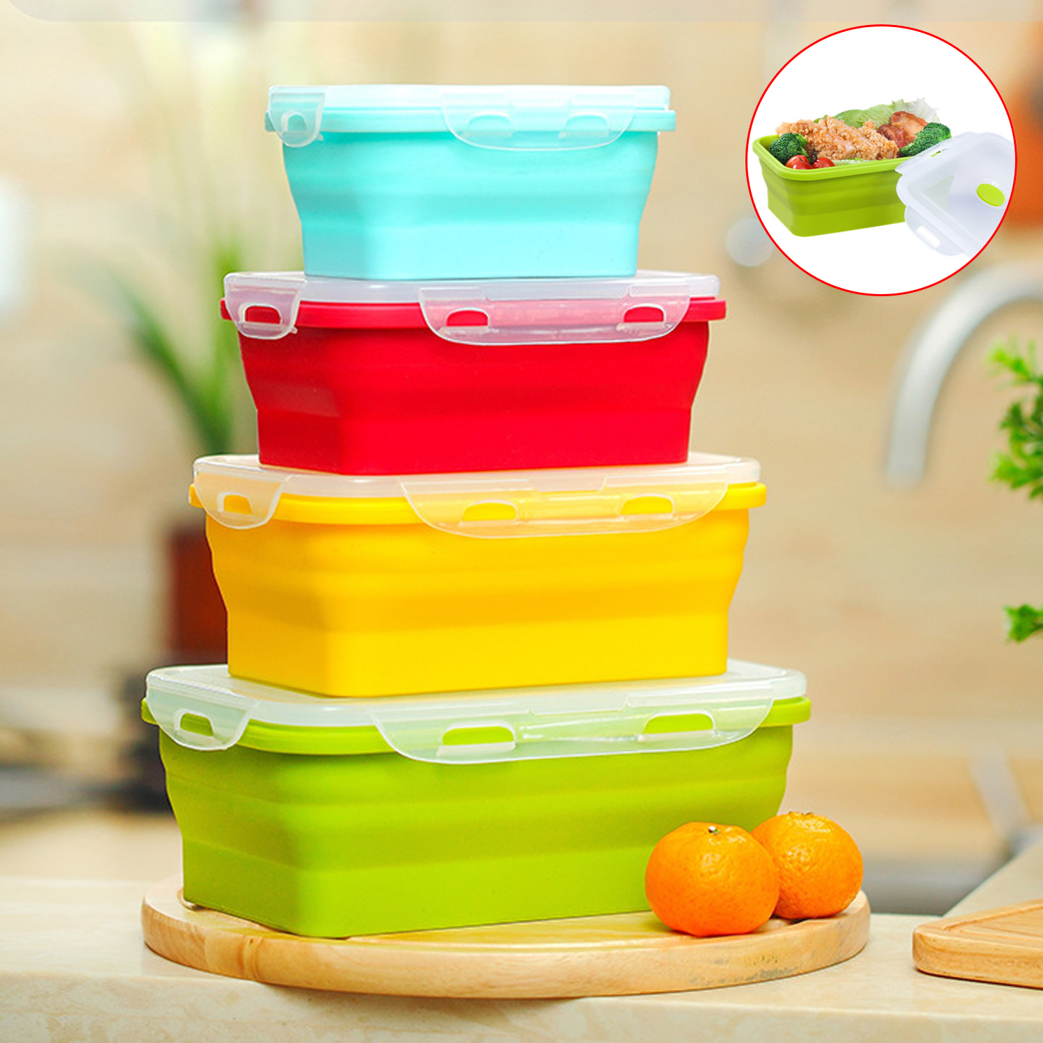 Silicone Folding Lunch Box with Lid 350ML/500ML/800ML/1200ML 4-piece