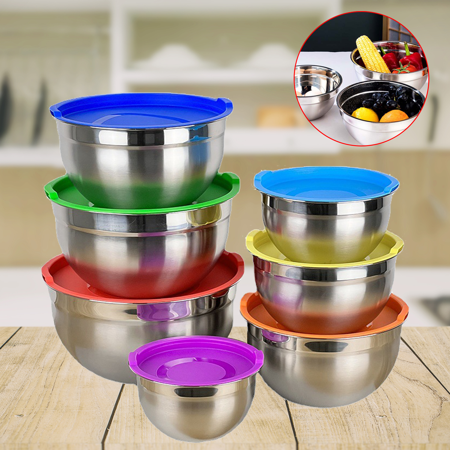 Colorful Stainless Steel Salad Bowl With Lid Kitchen Egg Mixing Bowls 7