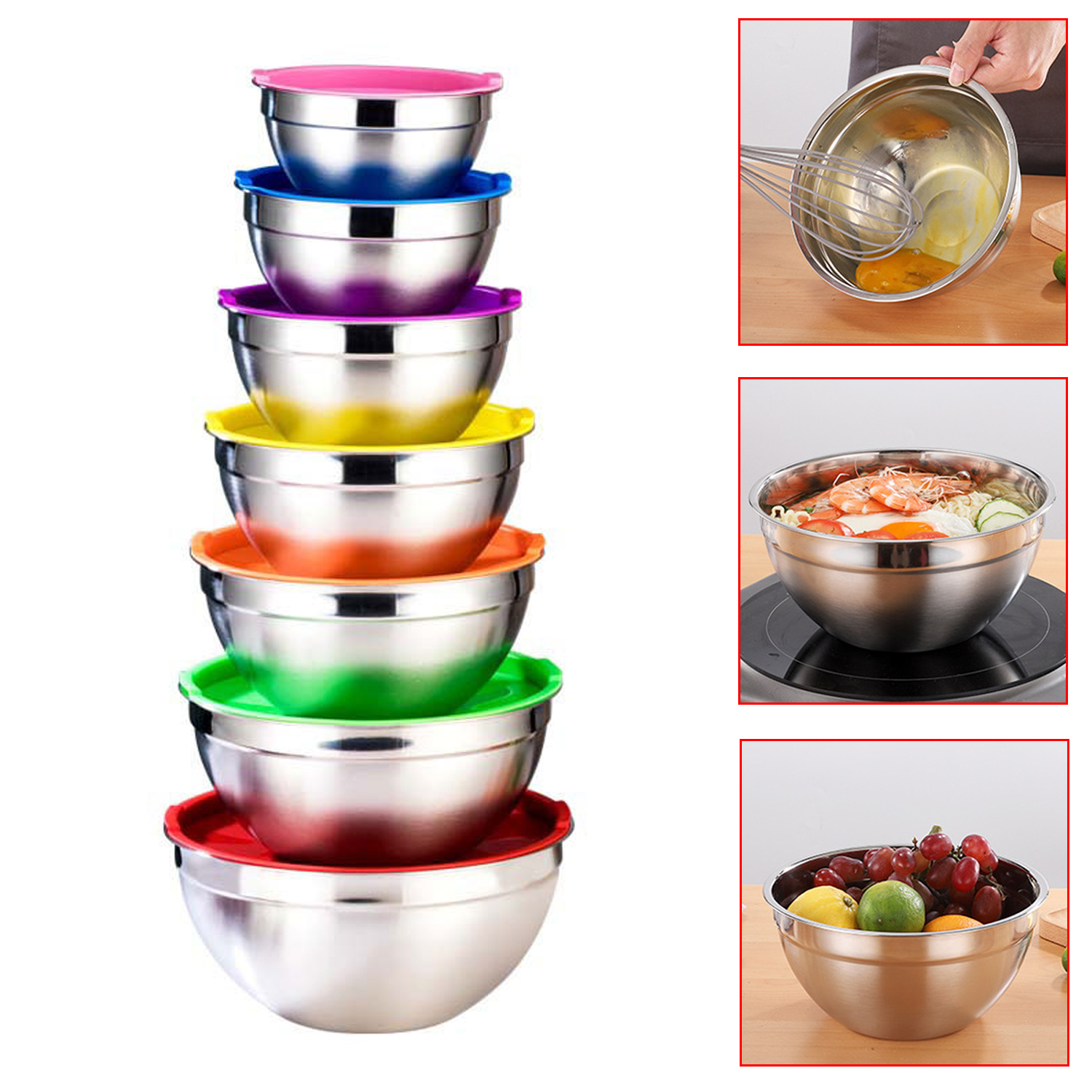 Colorful Stainless Steel Salad Bowl With Lid Kitchen Egg Mixing Bowls 7
