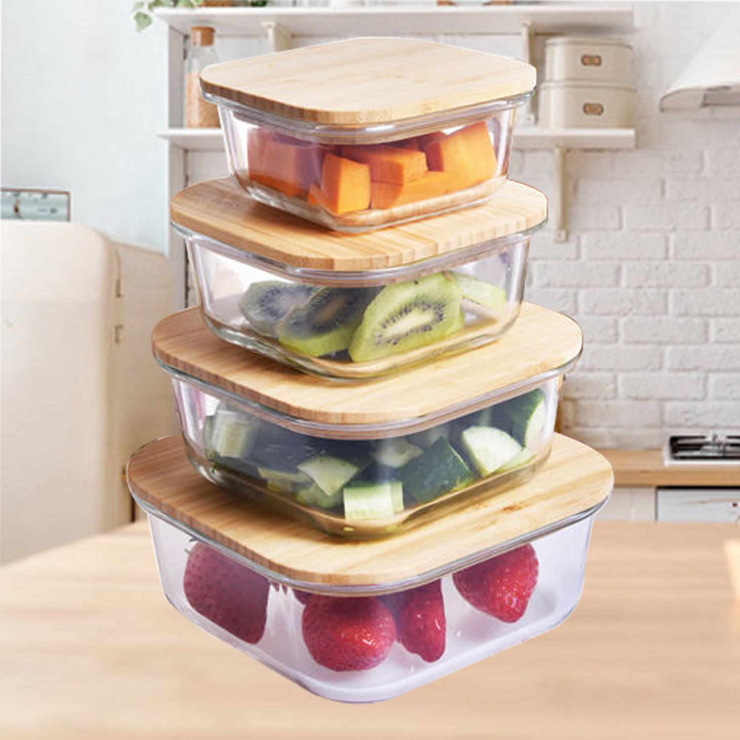 Square Glass Food Container Bamboo Lid 320ml 520ml 800ml 1100ml Eco