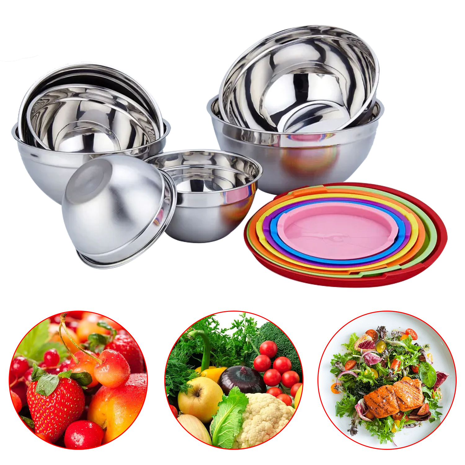 Colorful Stainless Steel Salad Bowl With Lid Kitchen Egg Mixing Bowls 7 Sizes Set For Cooking